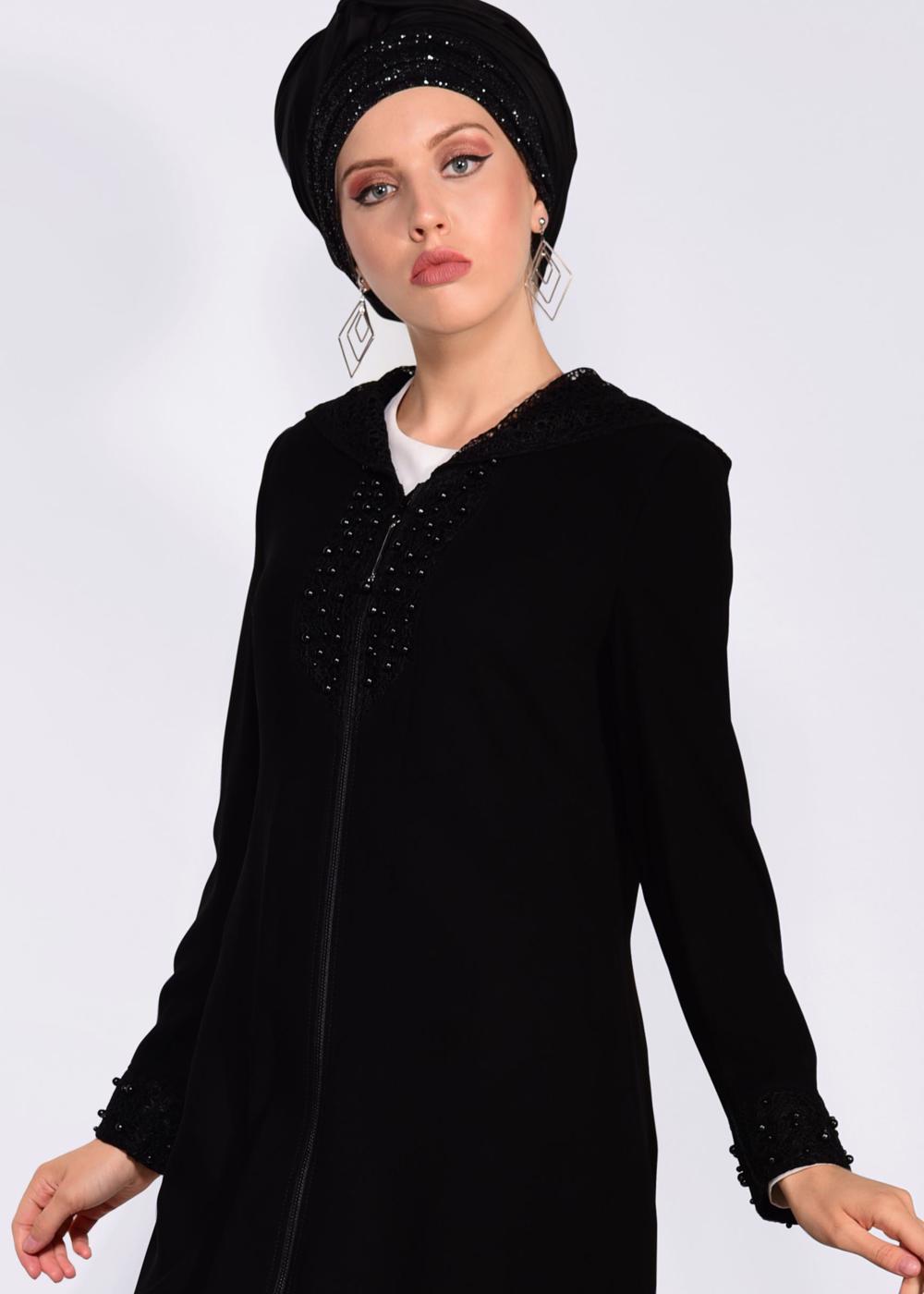 Tesettür giyim SİYAH KAPÜŞONLU GÜPÜR DETAYLI FERACE 8285 