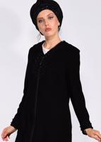 Tesettür giyim SİYAH KAPÜŞONLU GÜPÜR DETAYLI FERACE 8285 