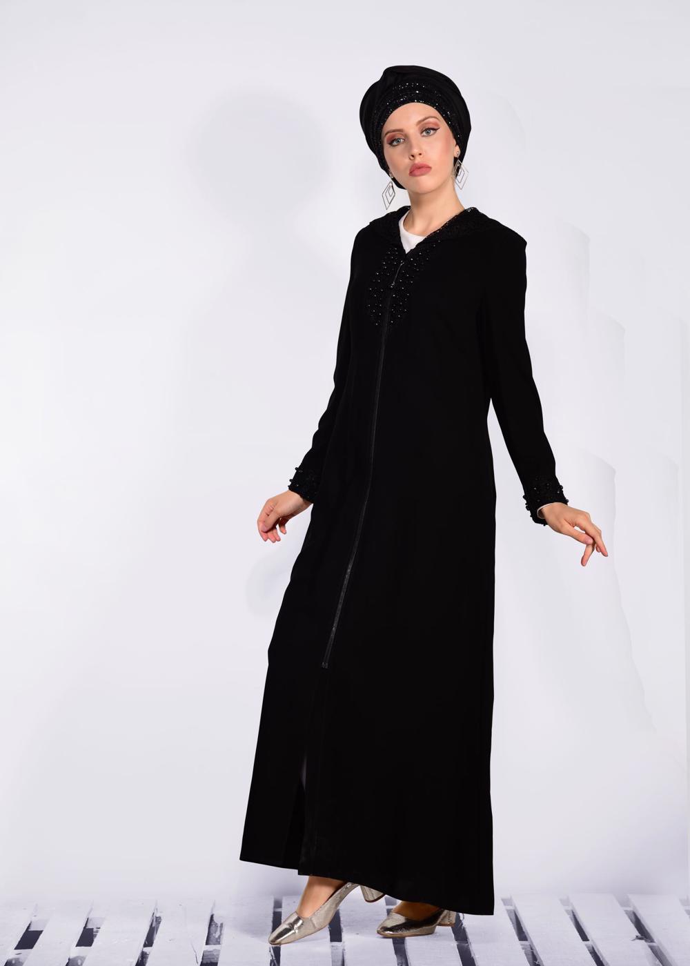 Tesettür giyim SİYAH KAPÜŞONLU GÜPÜR DETAYLI FERACE 8285 