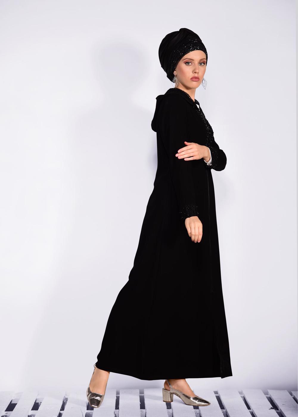 Tesettür giyim SİYAH KAPÜŞONLU GÜPÜR DETAYLI FERACE 8285 