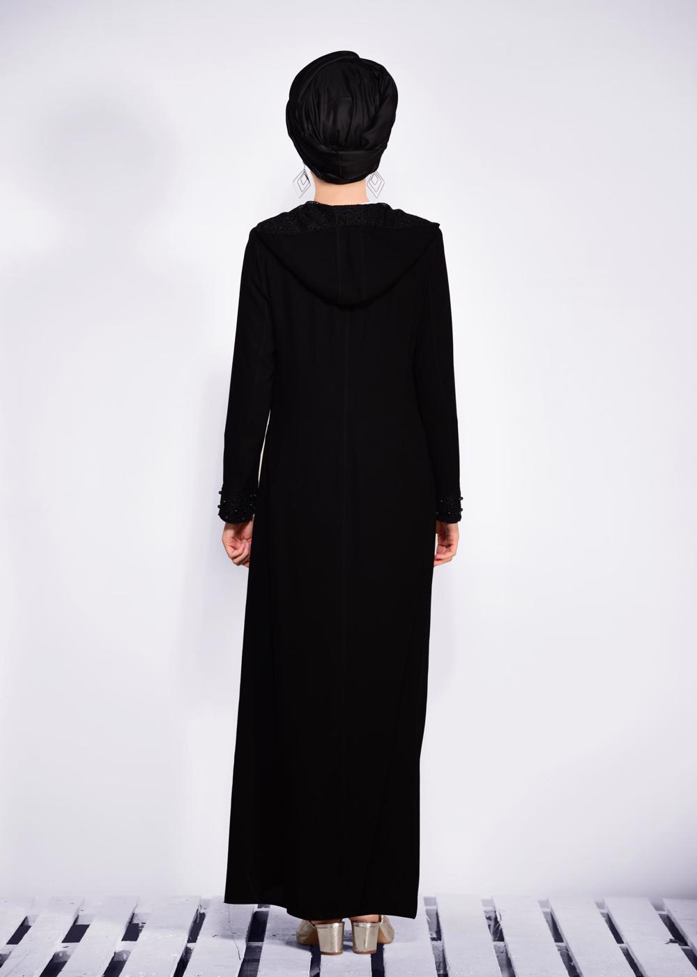 Tesettür giyim SİYAH KAPÜŞONLU GÜPÜR DETAYLI FERACE 8285 