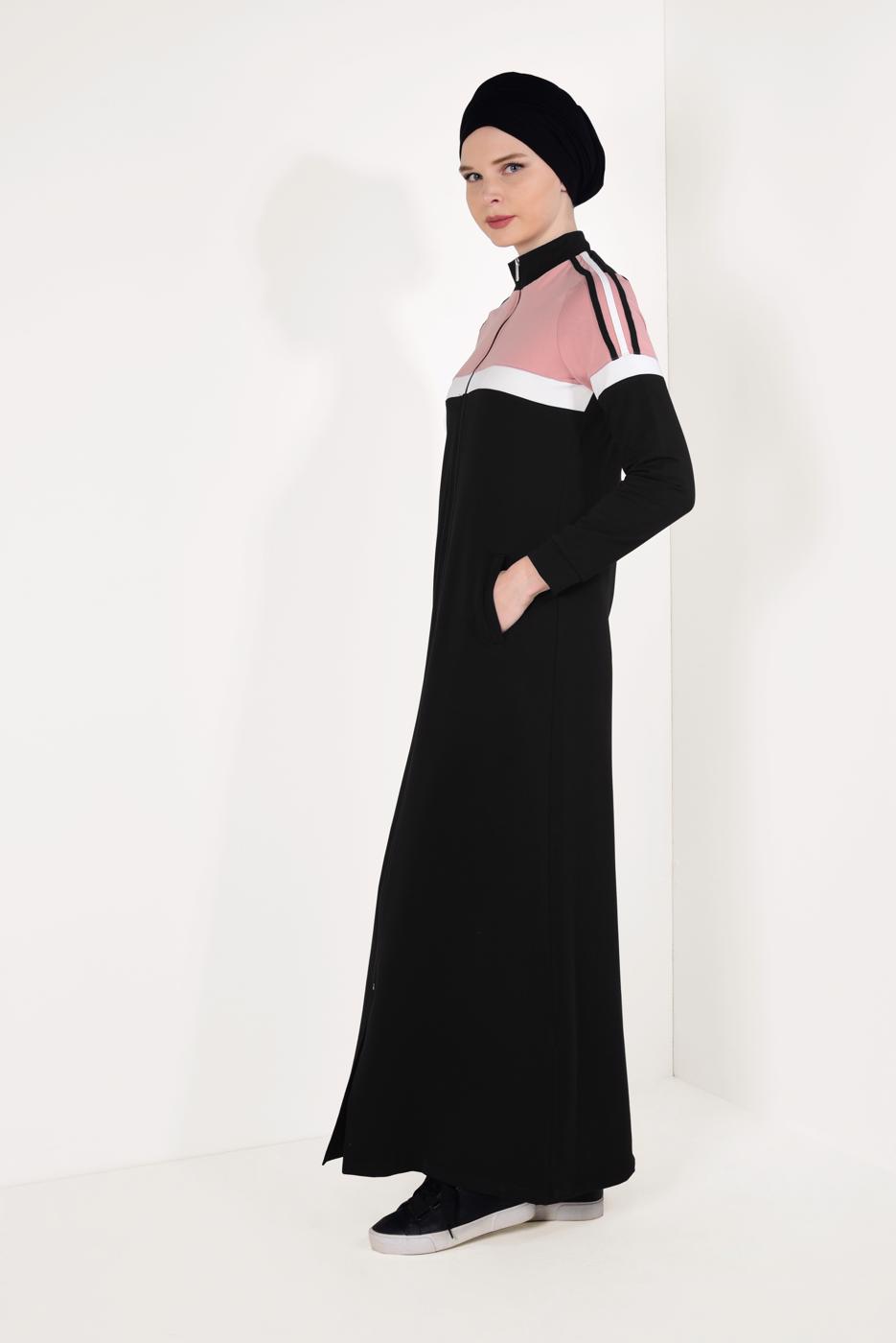Tesettür giyim SİYAH ÇİFT RENKLİ BOYDAN FERMUARLI FERACE T 9438