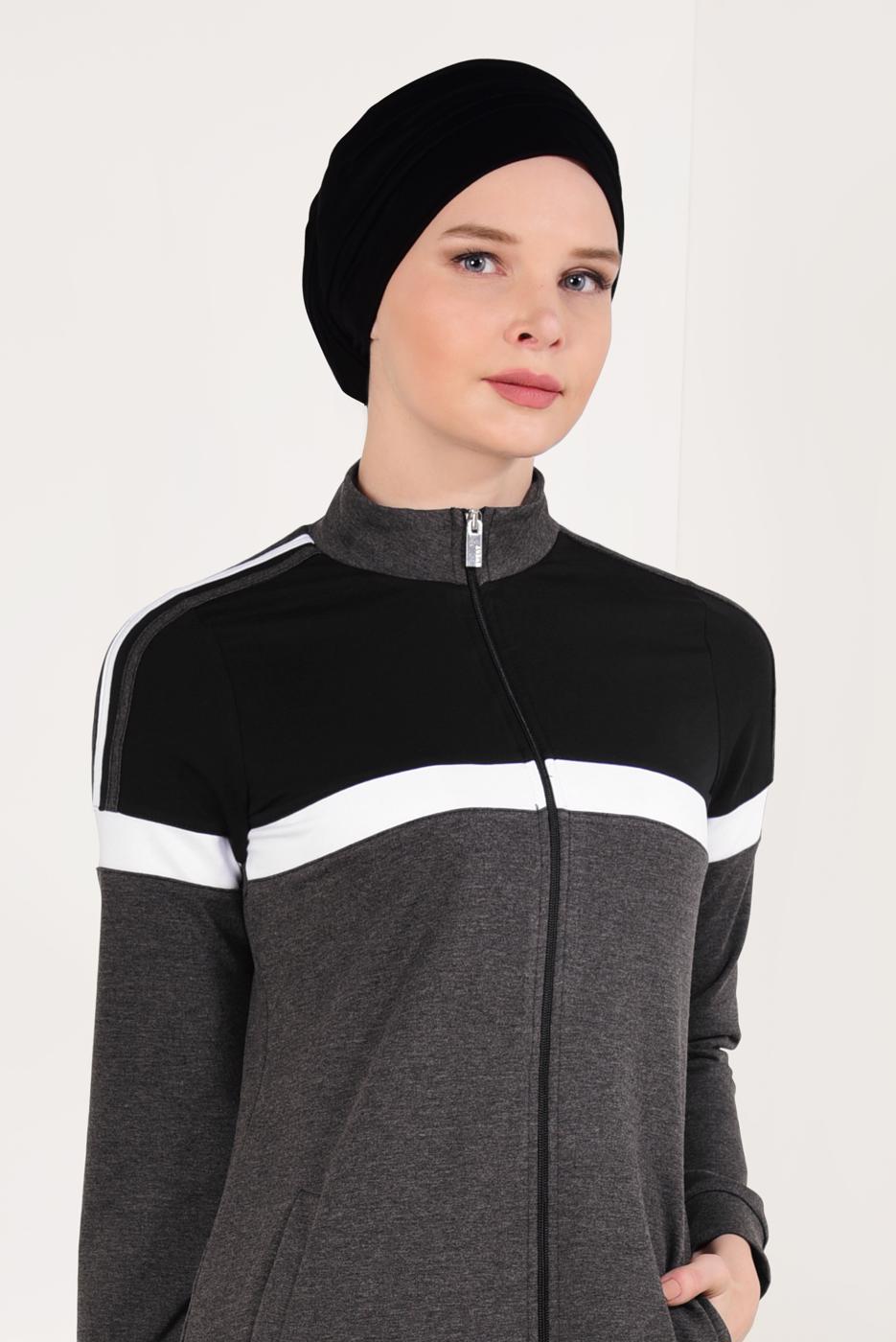 Tesettür giyim GRİ ÇİFT RENKLİ BOYDAN FERMUARLI FERACE T 9438