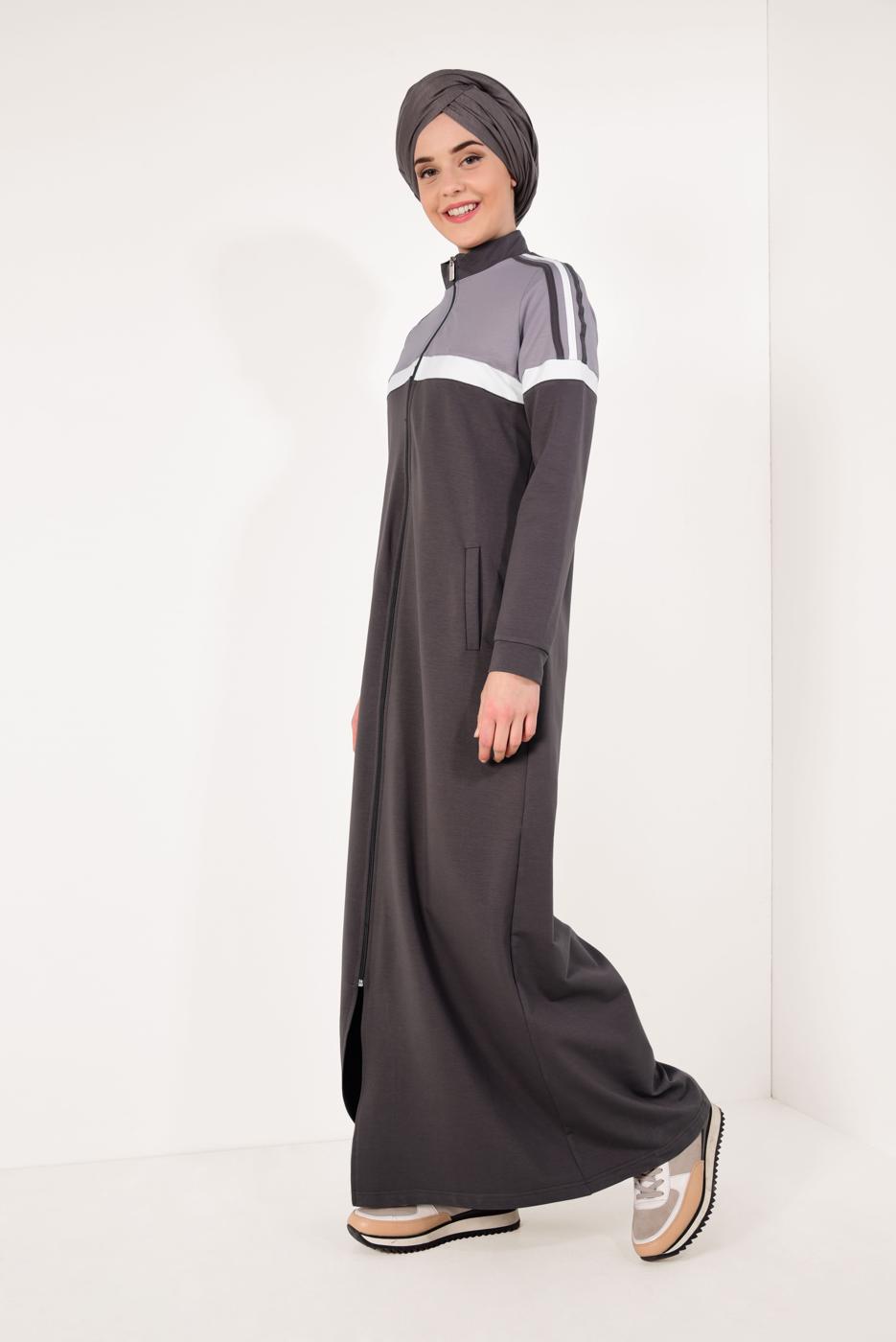 Tesettür giyim KAHVE ÇİFT RENKLİ BOYDAN FERMUARLI FERACE T 9438