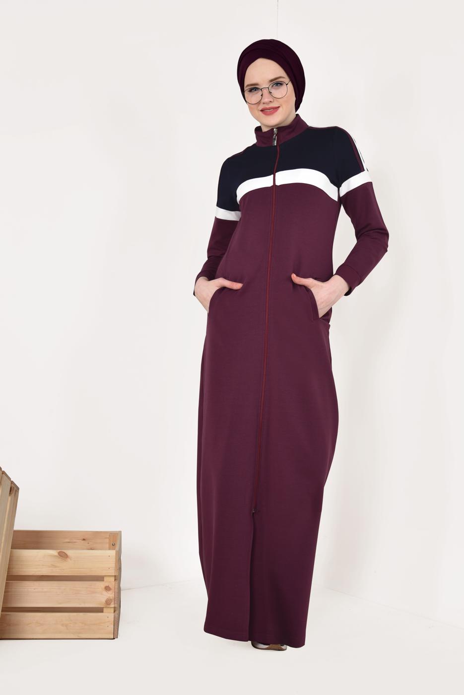 Tesettür giyim MÜRDÜM ÇİFT RENKLİ BOYDAN FERMUARLI FERACE T 9438