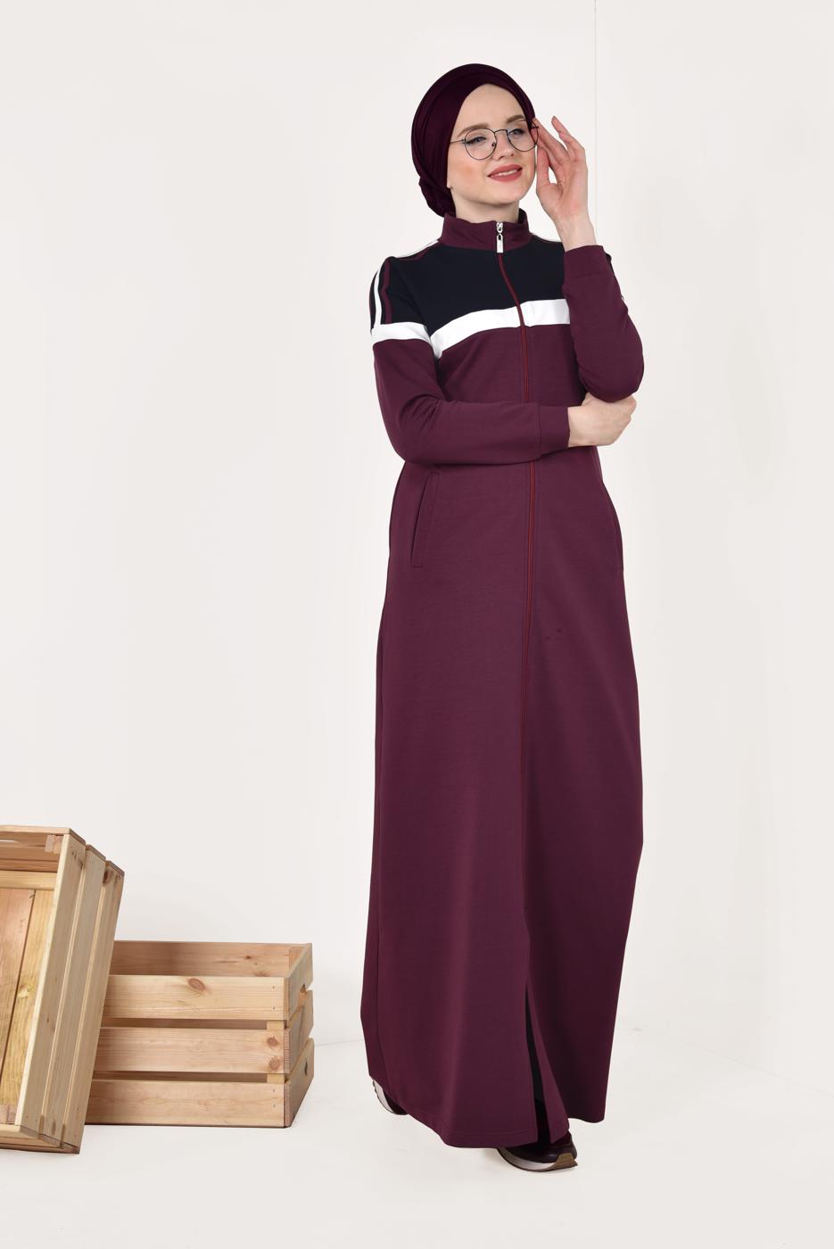 Tesettür giyim MÜRDÜM ÇİFT RENKLİ BOYDAN FERMUARLI FERACE T 9438