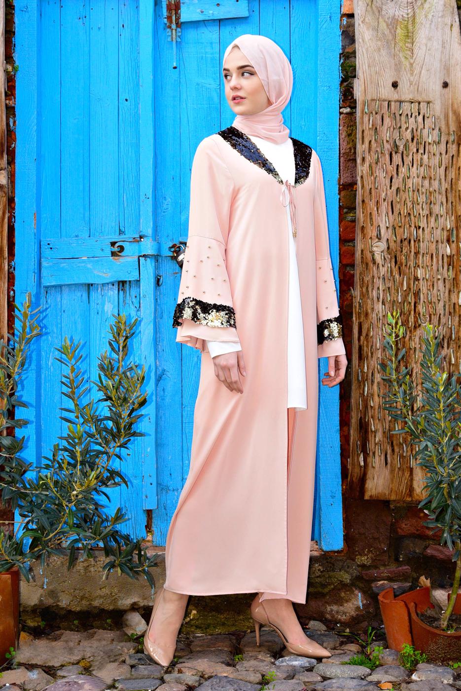 Tesettür giyim PUDRA KOLLARI VE YAKASI PUL PAYETLİ CEKET T 03381 