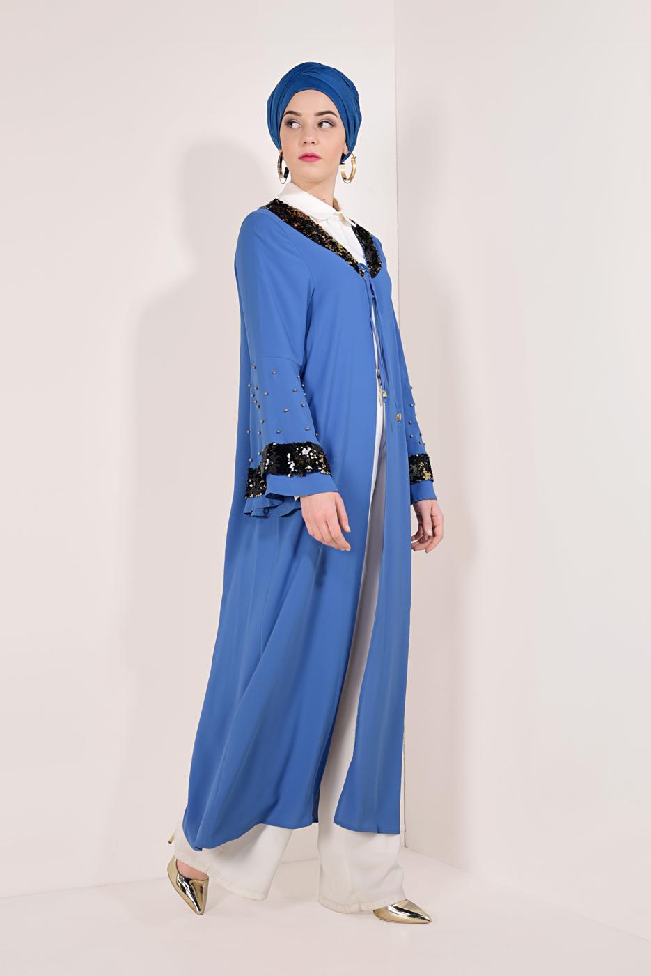 Tesettür giyim LACİVERT KOLLARI VE YAKASI PUL PAYETLİ CEKET T 03381 