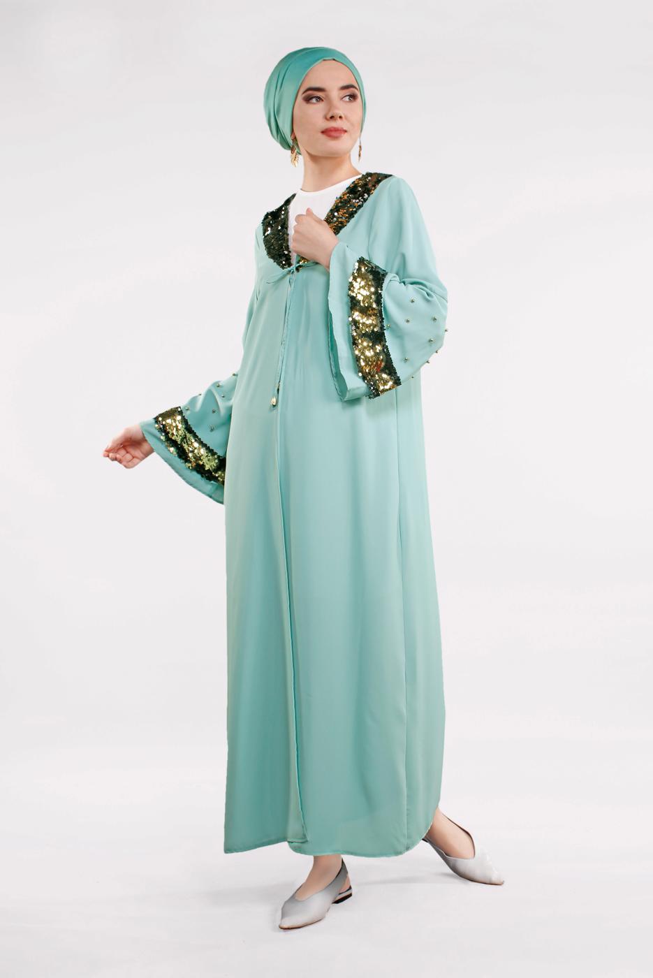 Tesettür giyim YEŞİL KOLLARI VE YAKASI PUL PAYETLİ CEKET T 03381 