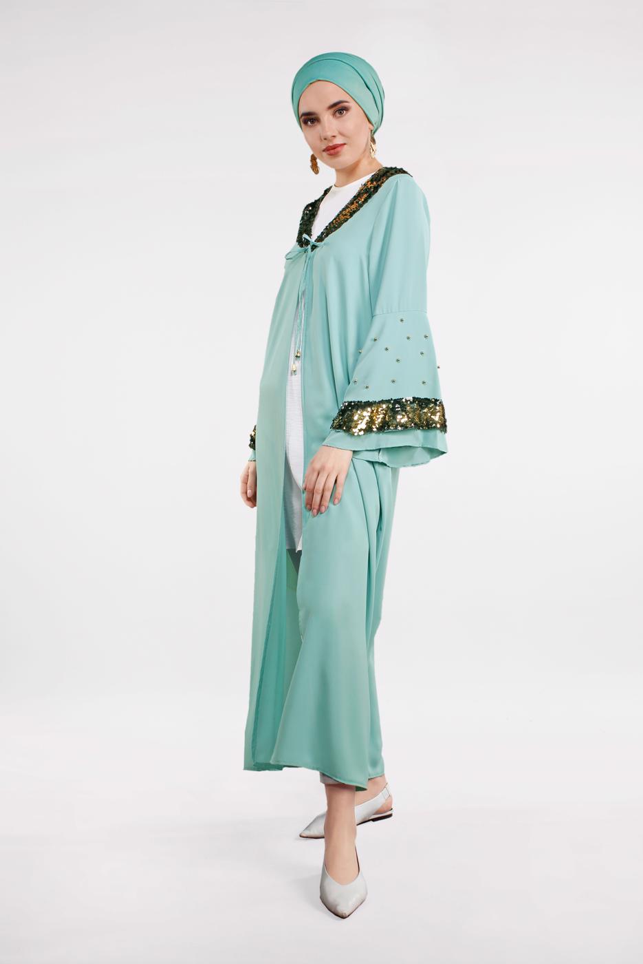 Tesettür giyim YEŞİL KOLLARI VE YAKASI PUL PAYETLİ CEKET T 03381 