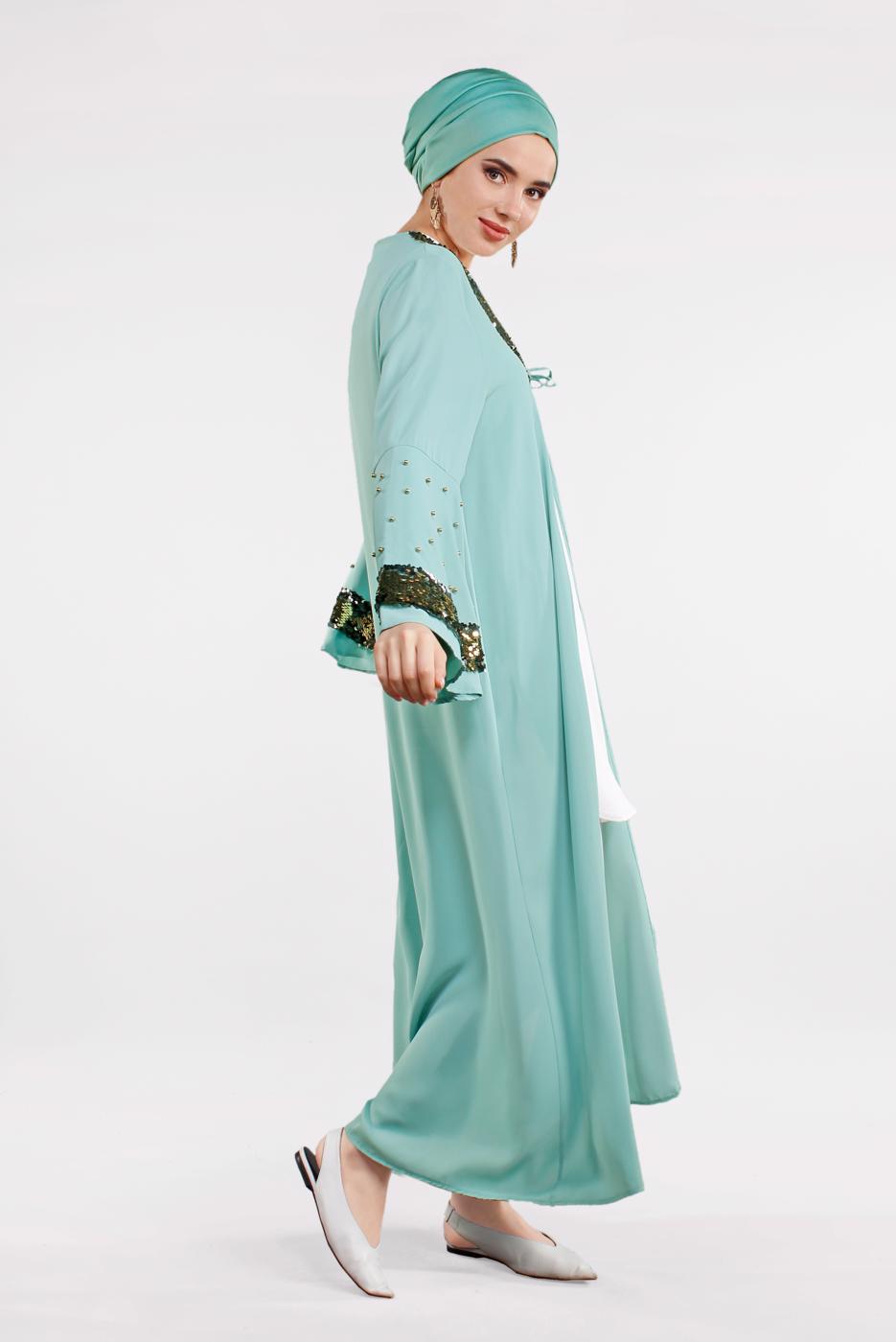 Tesettür giyim YEŞİL KOLLARI VE YAKASI PUL PAYETLİ CEKET T 03381 