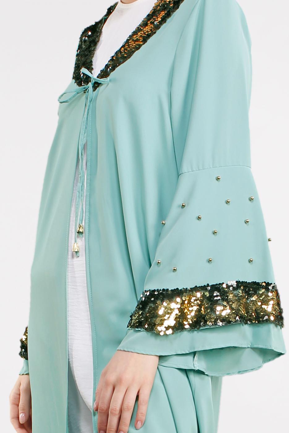 Tesettür giyim YEŞİL KOLLARI VE YAKASI PUL PAYETLİ CEKET T 03381 