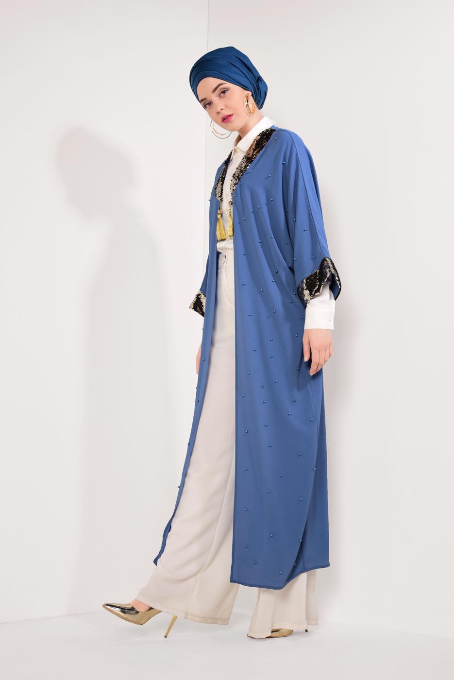 Tesettür giyim LACİVERT YAKASI VE KOLLARI PUL PAYETLİ UZUN CEKET T 10281