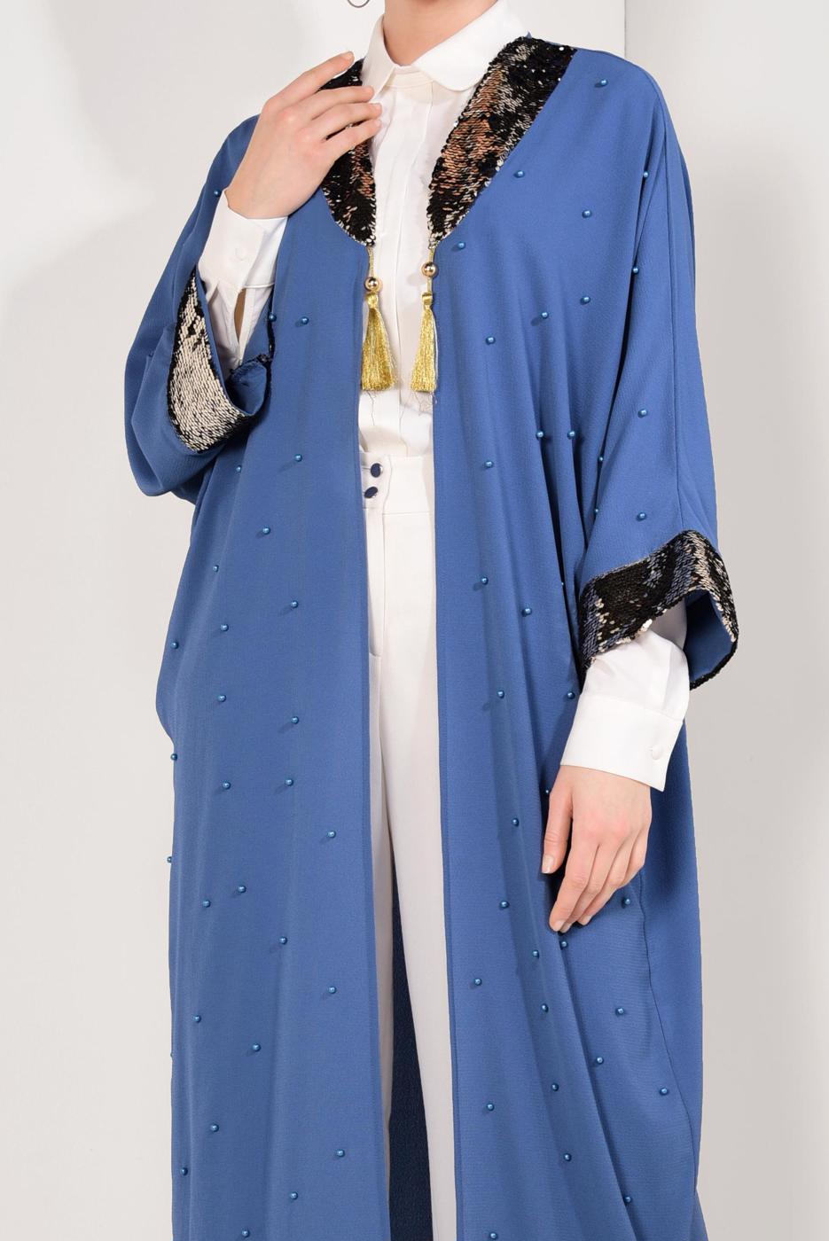 Tesettür giyim LACİVERT YAKASI VE KOLLARI PUL PAYETLİ UZUN CEKET T 10281