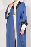 Tesettür giyim LACİVERT YAKASI VE KOLLARI PUL PAYETLİ UZUN CEKET T 10281