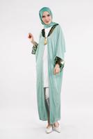 Tesettür giyim YEŞİL YAKASI VE KOLLARI PUL PAYETLİ UZUN CEKET T 10281 