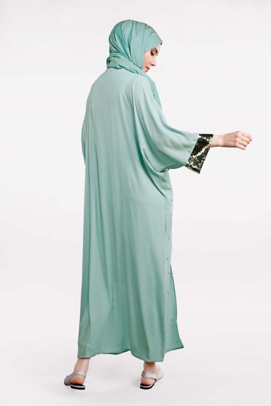 Tesettür giyim YEŞİL YAKASI VE KOLLARI PUL PAYETLİ UZUN CEKET T 10281 