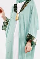 Tesettür giyim YEŞİL YAKASI VE KOLLARI PUL PAYETLİ UZUN CEKET T 10281 