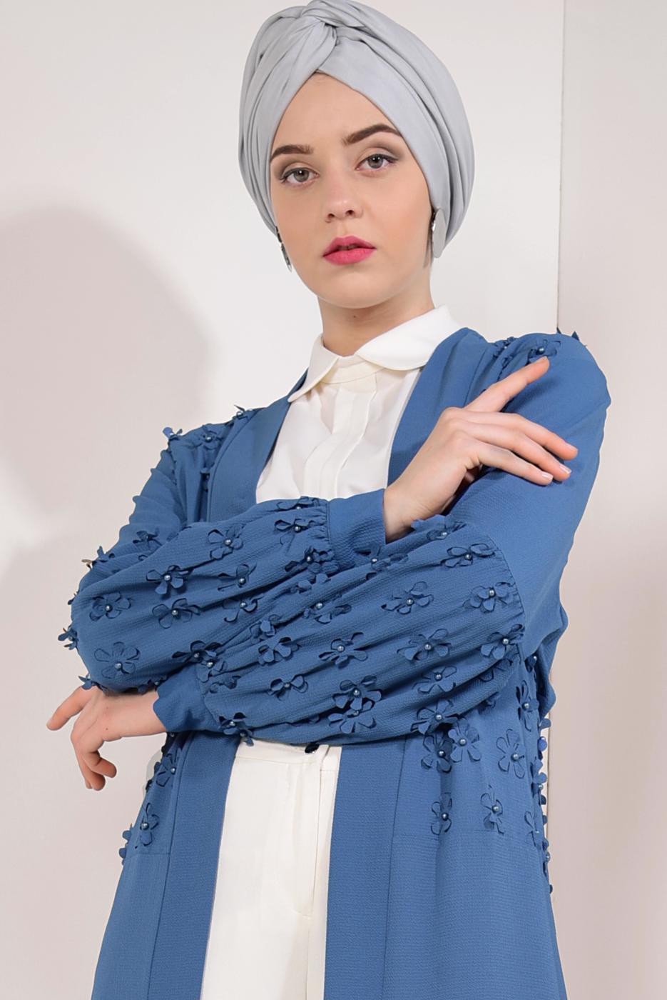 Tesettür giyim LACİVERT ÖNÜ VE KOLLARI ÜÇ BOYUTLU CEKET T 19281