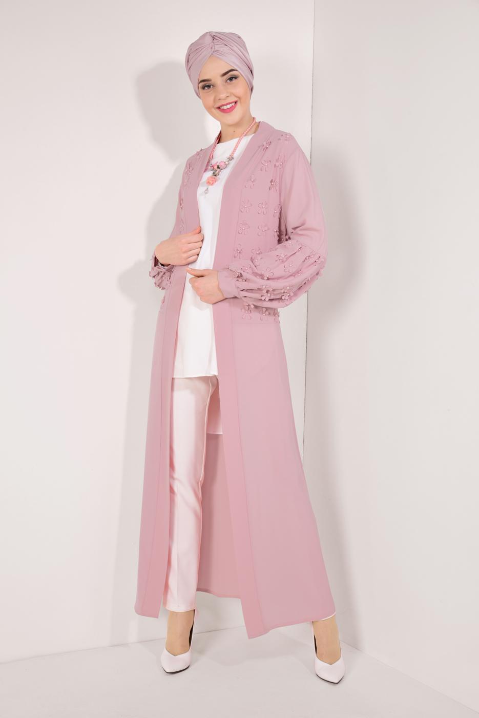 Tesettür giyim PEMBE ÖNÜ VE KOLLARI ÜÇ BOYUTLU CEKET T 19281