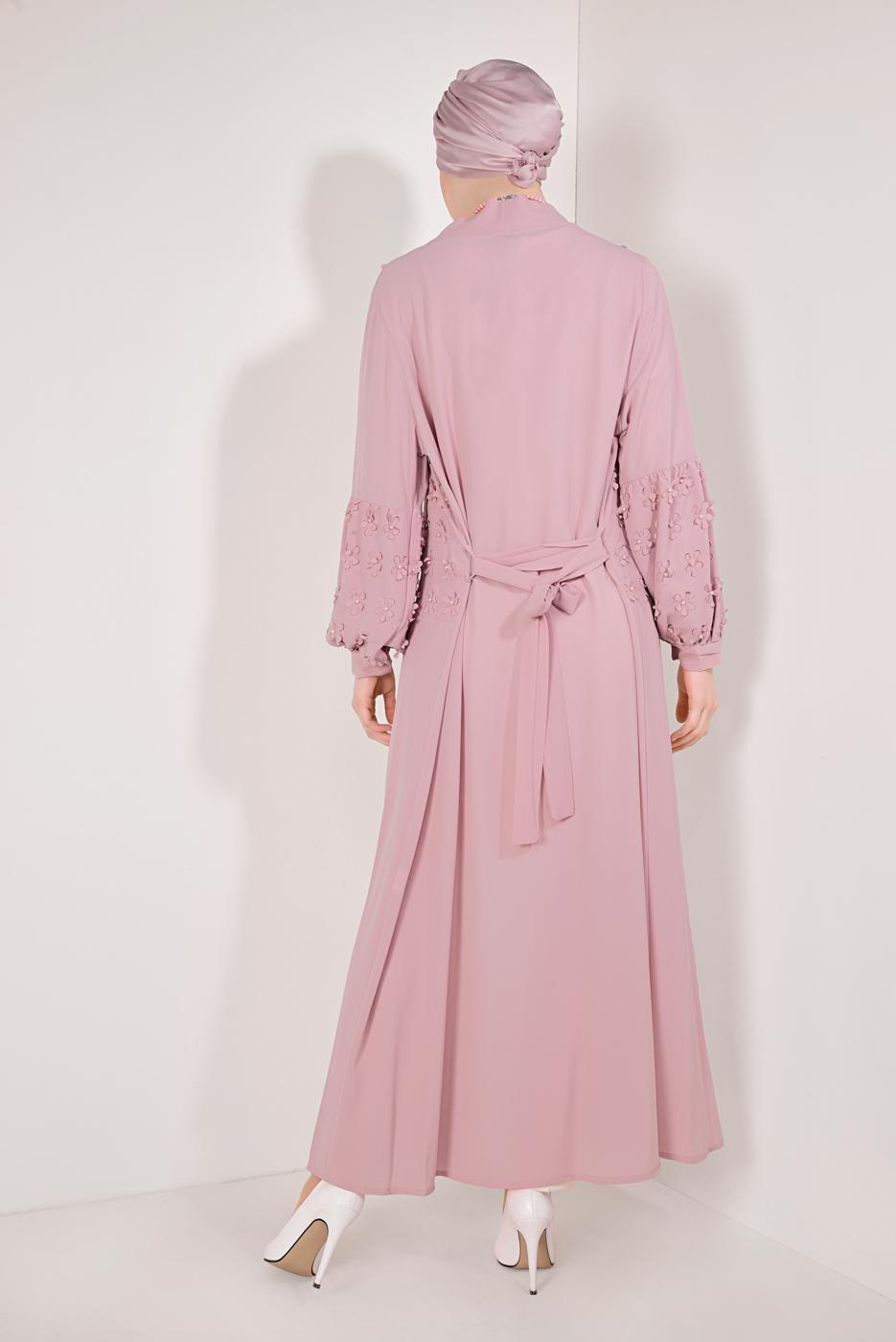 Tesettür giyim PEMBE ÖNÜ VE KOLLARI ÜÇ BOYUTLU CEKET T 19281