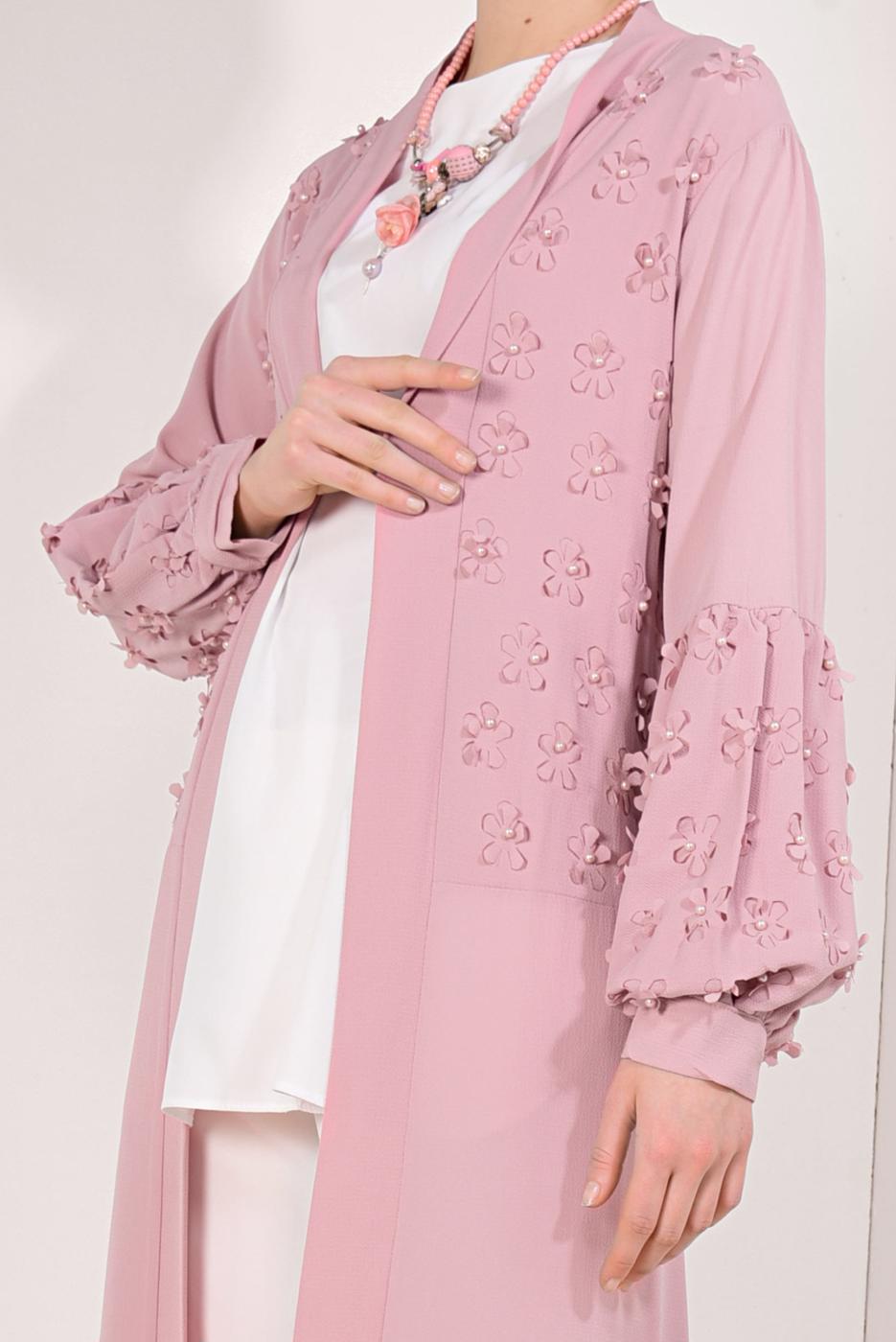 Tesettür giyim PEMBE ÖNÜ VE KOLLARI ÜÇ BOYUTLU CEKET T 19281