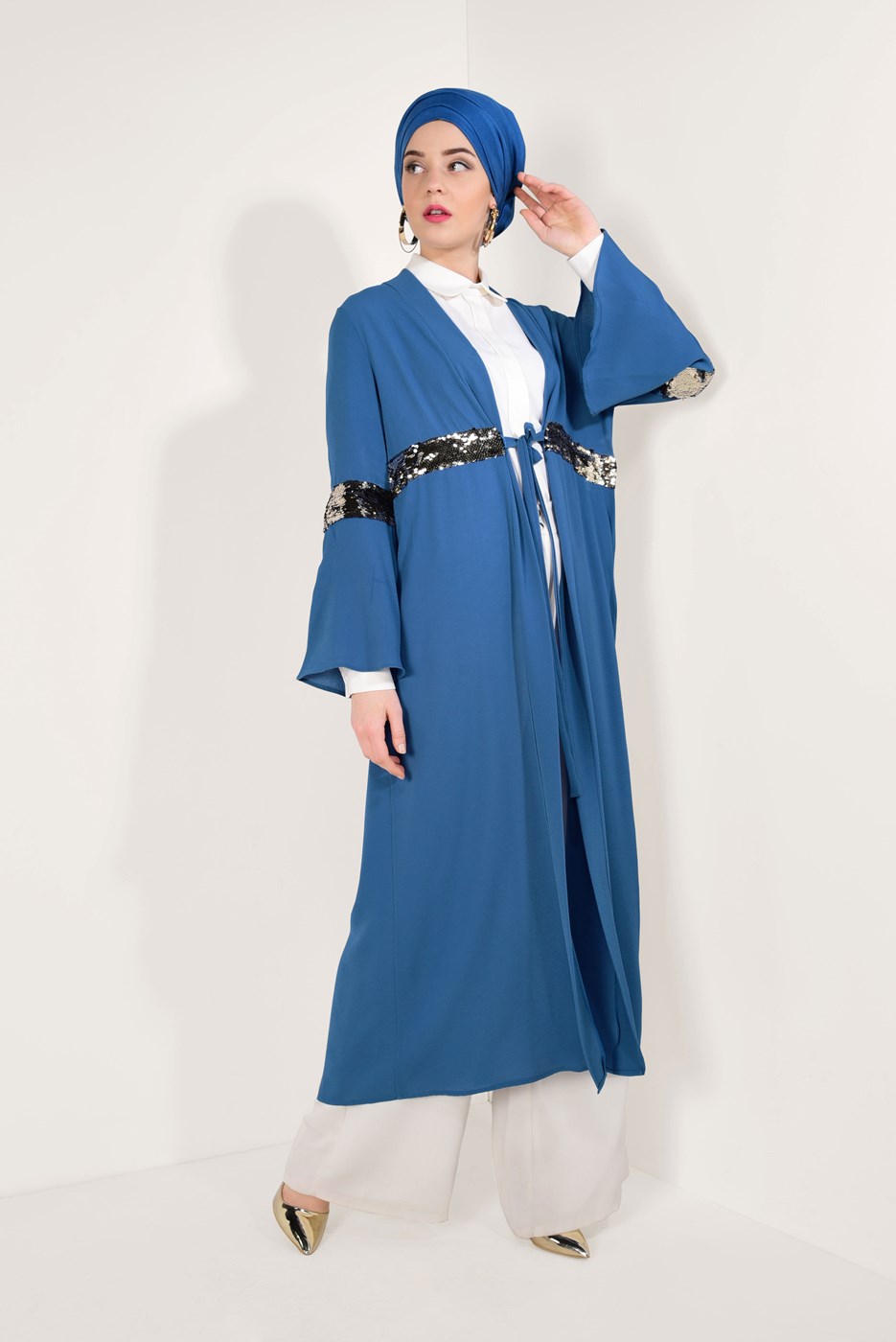 Tesettür giyim LACİVERT KOLLARI VOLANLI PULLU GİY ÇIK T 29281 