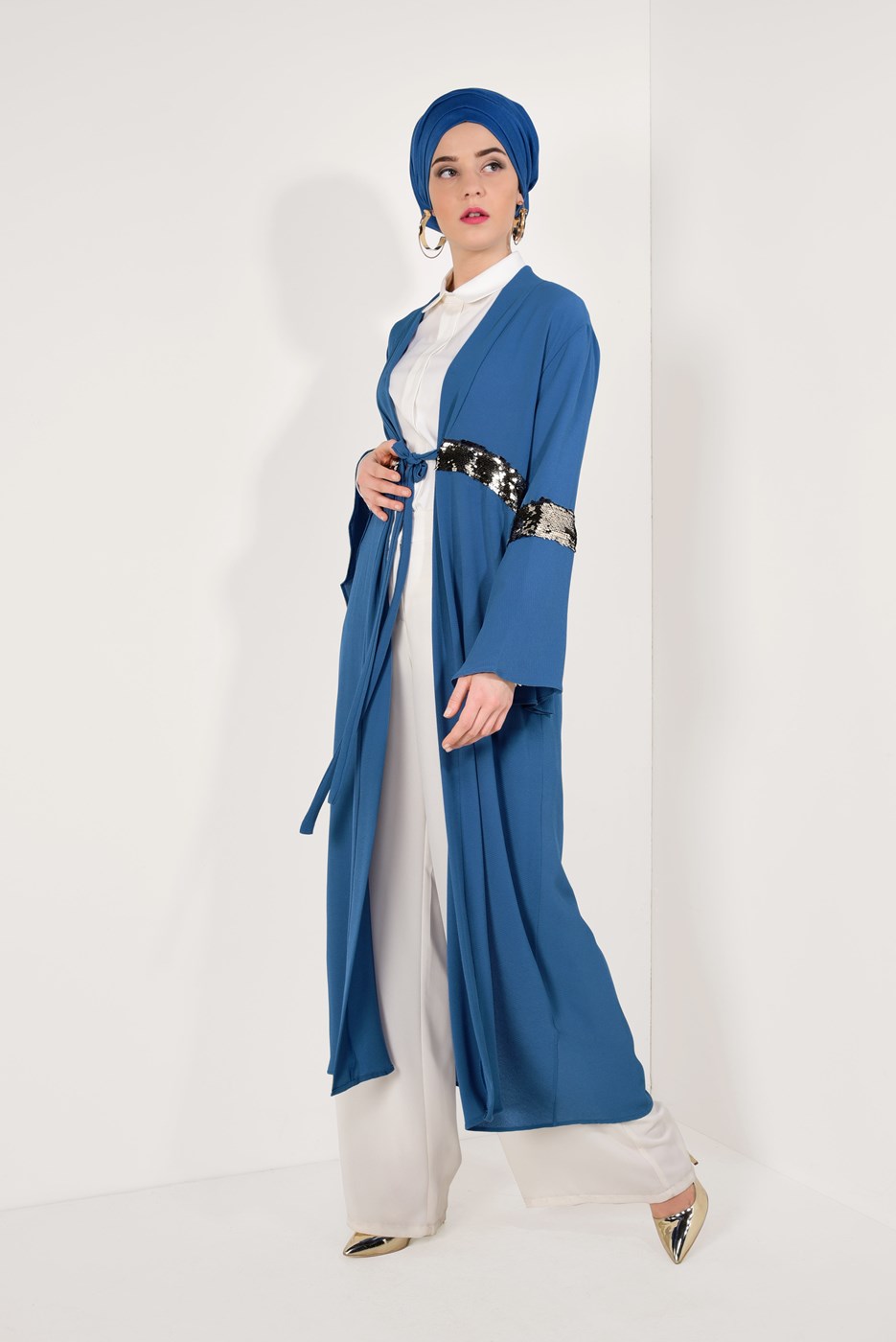 Tesettür giyim LACİVERT KOLLARI VOLANLI PULLU GİY ÇIK T 29281 