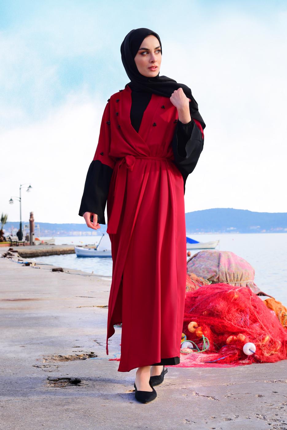 Tesettür giyim BORDO BELDEN KUŞAKLI BONCUK İŞLEMELİ GİY ÇIK 39281