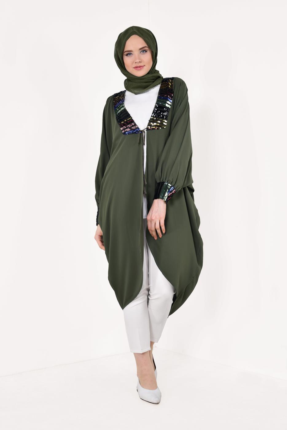 Tesettür giyim HAKİ KOLLARI VE YAKASI PUL PAYETLİ CEKET T 83281