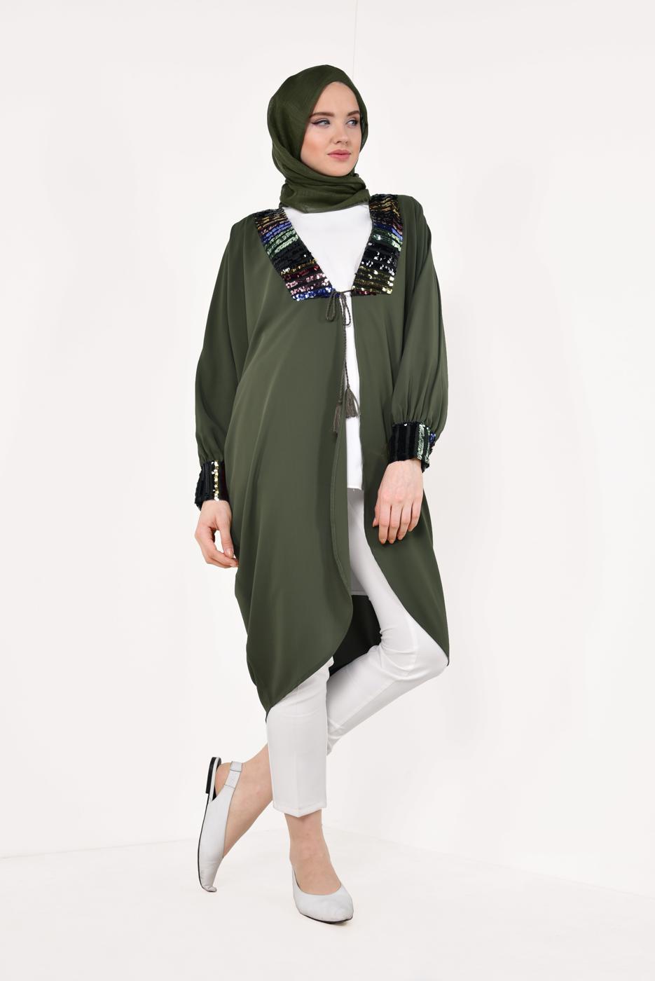 Tesettür giyim HAKİ KOLLARI VE YAKASI PUL PAYETLİ CEKET T 83281