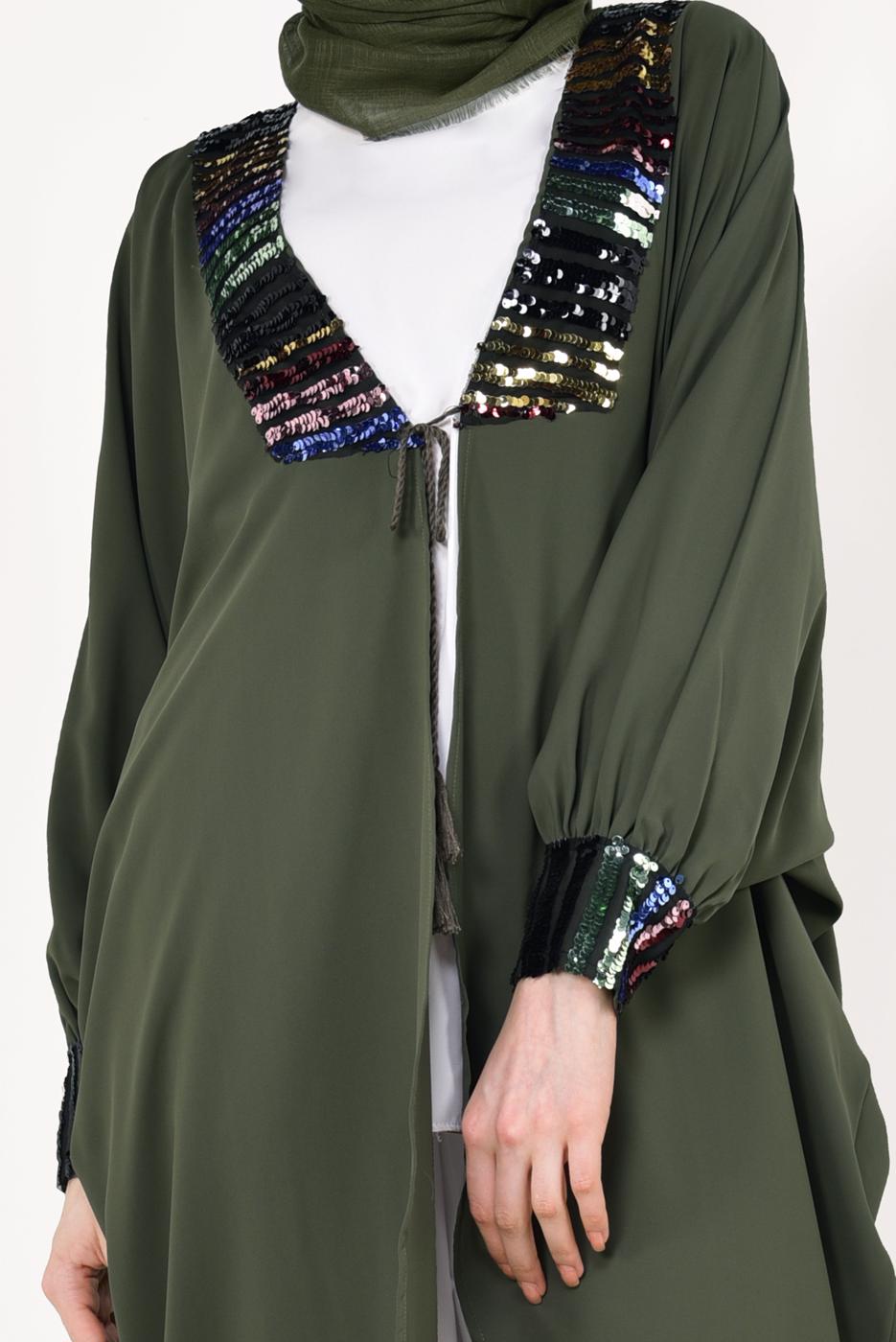 Tesettür giyim HAKİ KOLLARI VE YAKASI PUL PAYETLİ CEKET T 83281