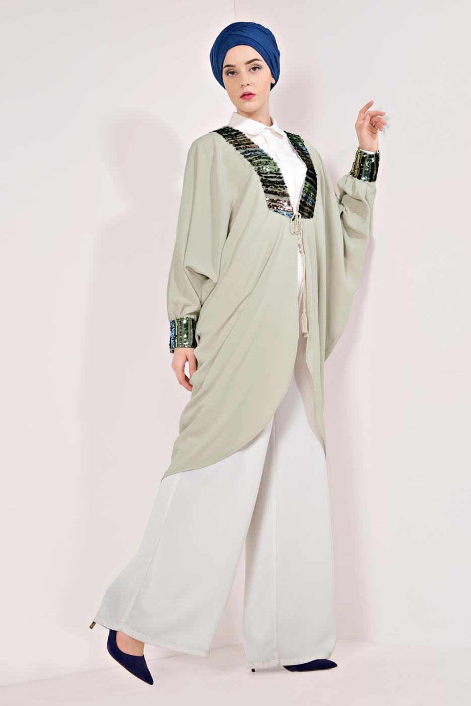 Tesettür giyim BEJ KOLLARI VE YAKASI PUL PAYETLİ CEKET T 83281