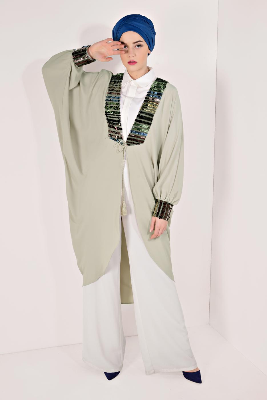 Tesettür giyim BEJ KOLLARI VE YAKASI PUL PAYETLİ CEKET T 83281