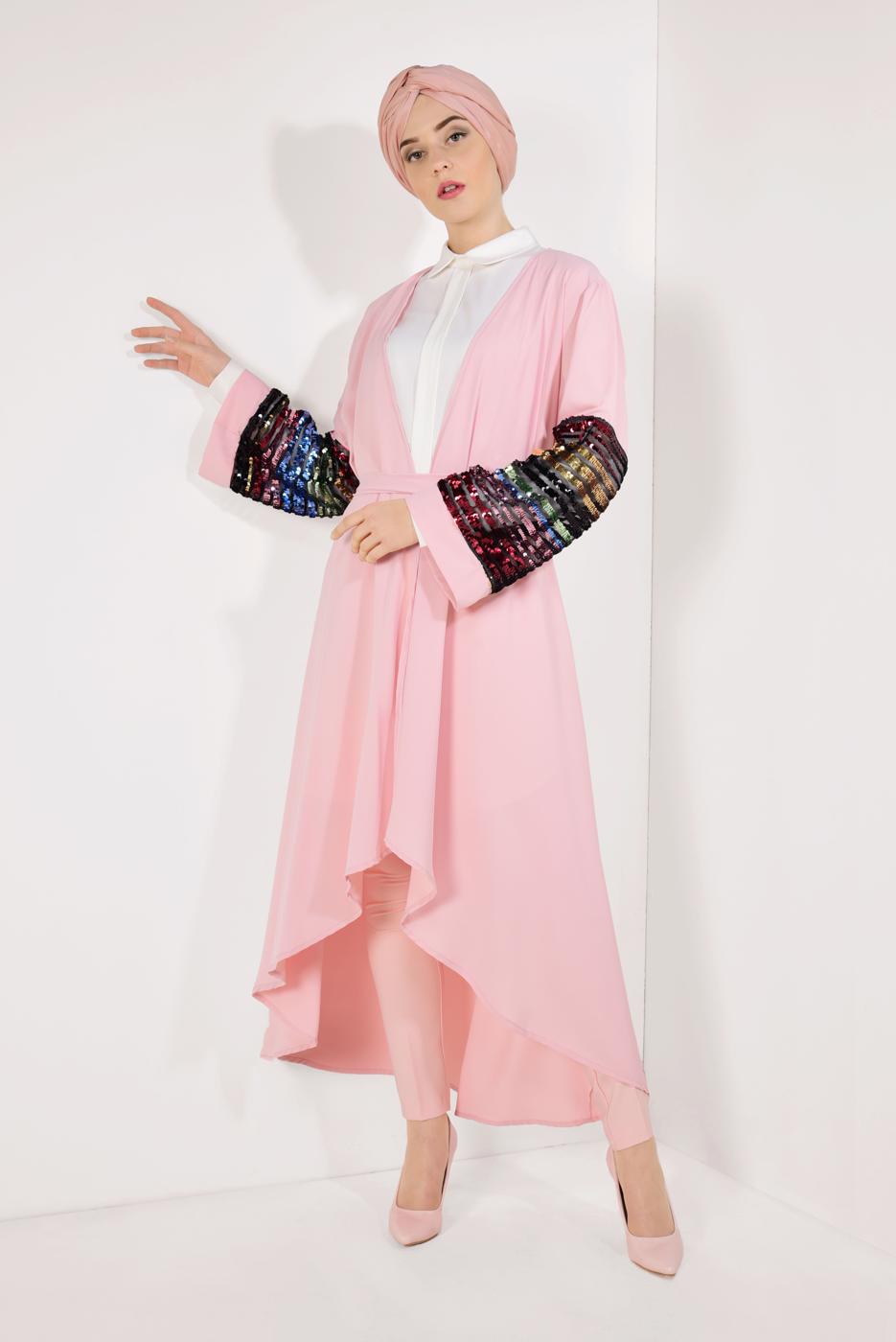 Tesettür giyim PUDRA BELİ KUŞAKLI KOLLARI PUL PAYETLİ CEKET T 93281