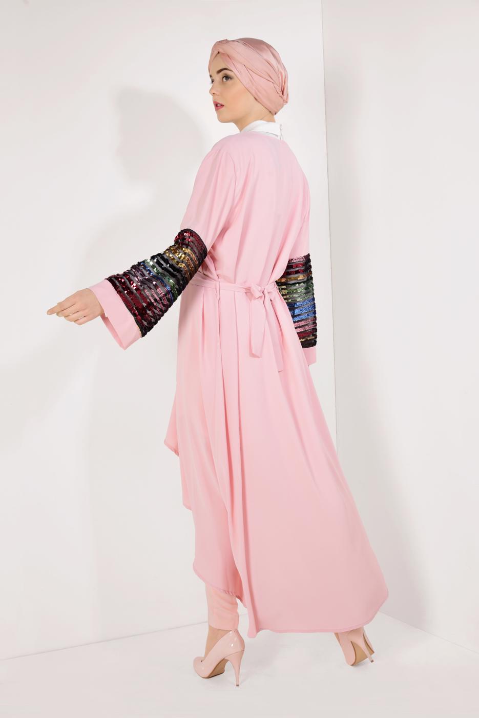 Tesettür giyim PUDRA BELİ KUŞAKLI KOLLARI PUL PAYETLİ CEKET T 93281
