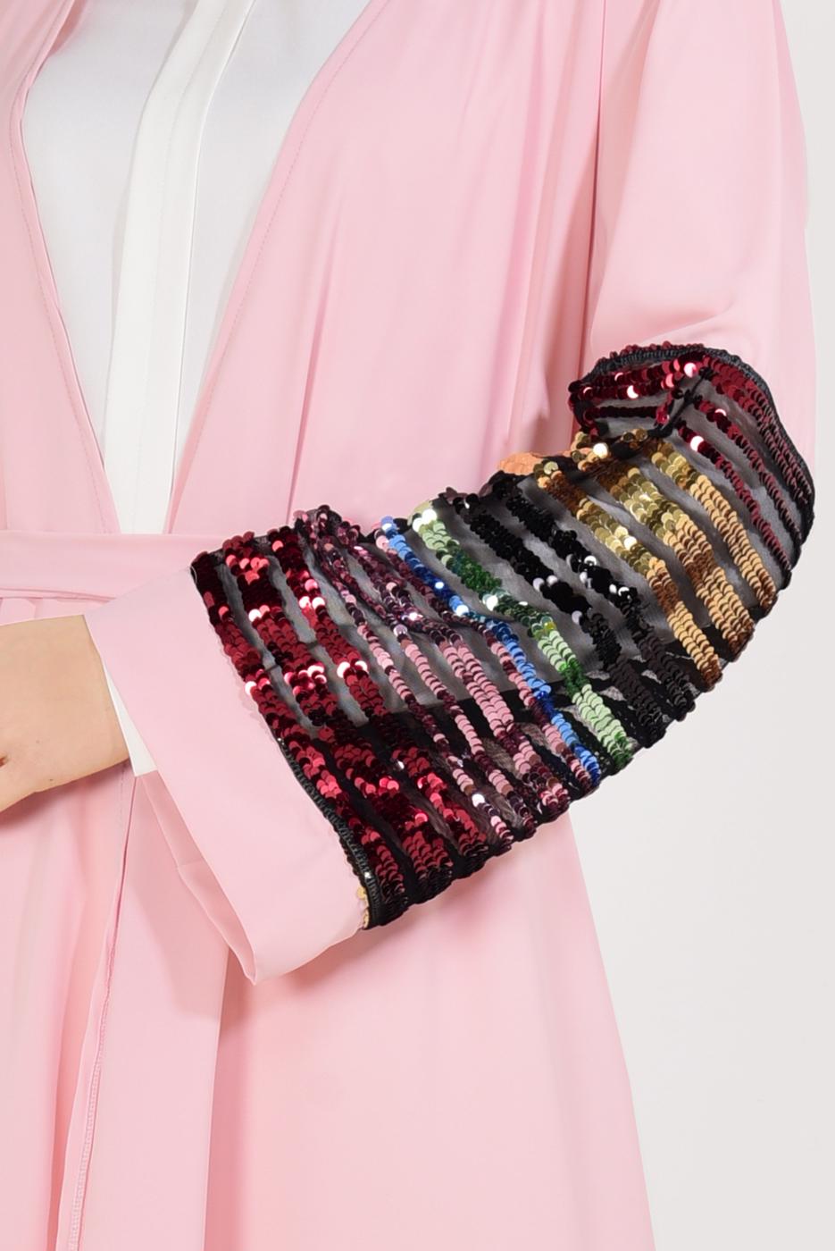 Tesettür giyim PUDRA BELİ KUŞAKLI KOLLARI PUL PAYETLİ CEKET T 93281