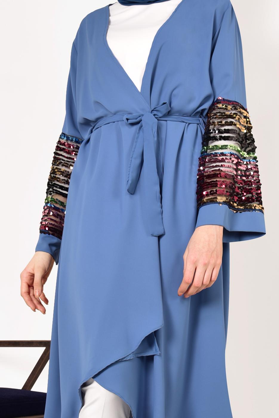 Tesettür giyim LACİVERT BELİ KUŞAKLI KOLLARI PUL PAYETLİ CEKET T 93281