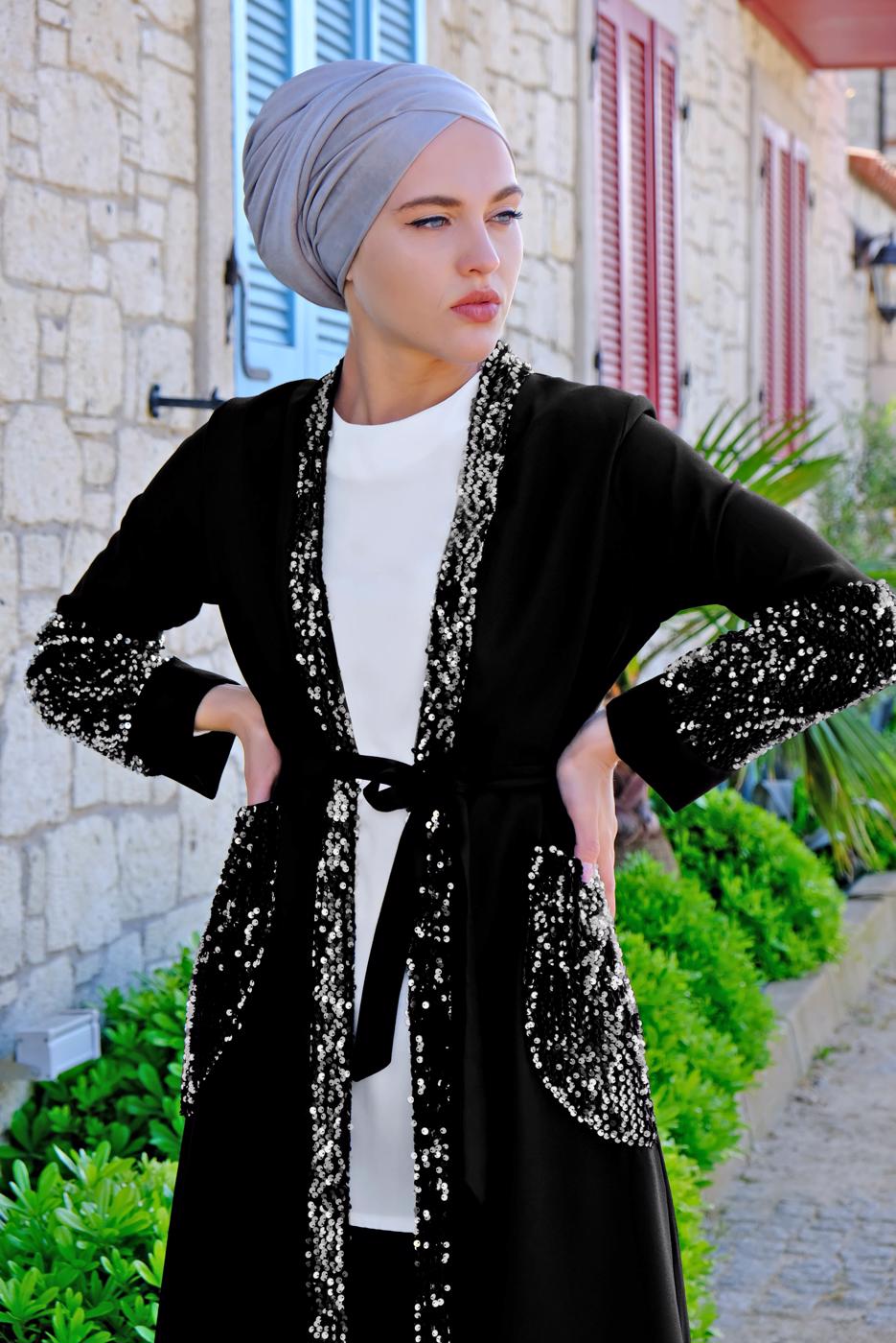 Tesettür giyim SİYAH PUL PAYET DETAYLI CEPLİ HIRKA 0401