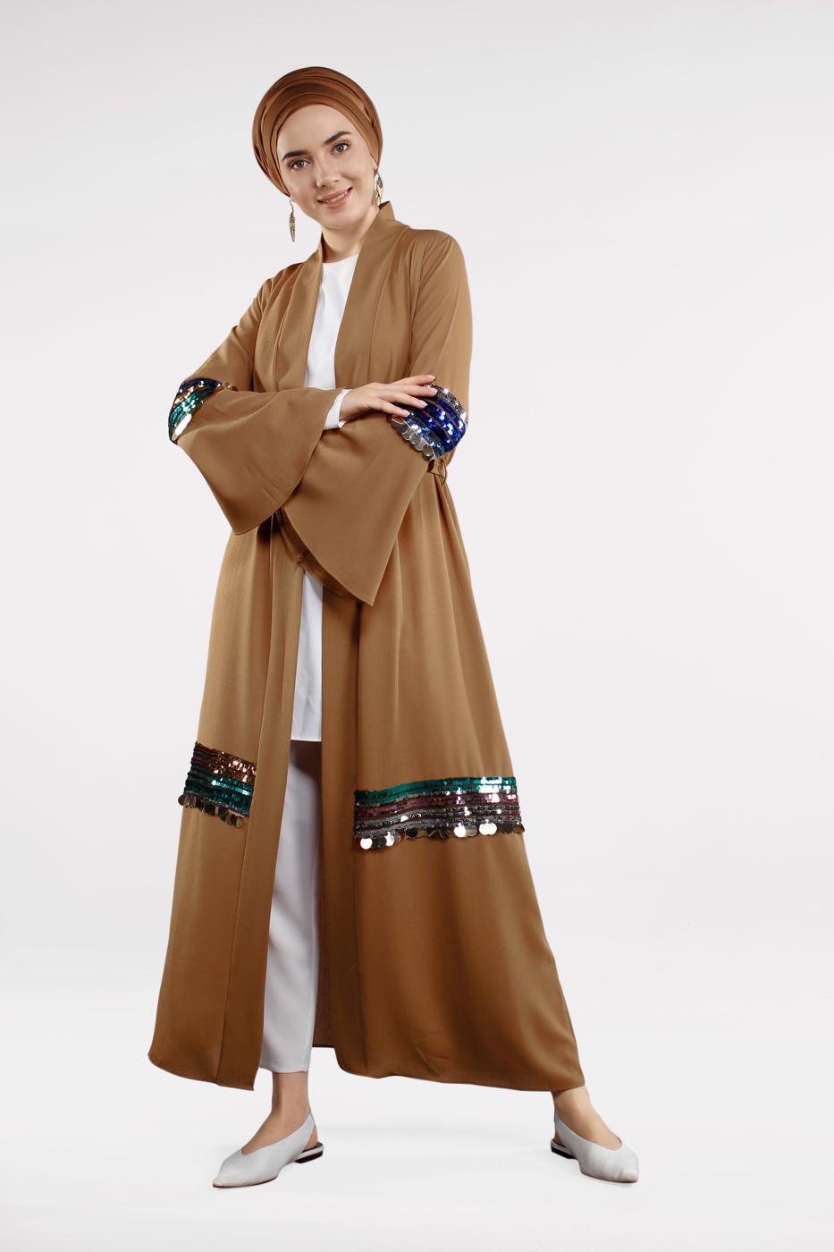 Tesettür giyim KAHVE RENKLİ PUL PAYETLİ GİY ÇIK 0853