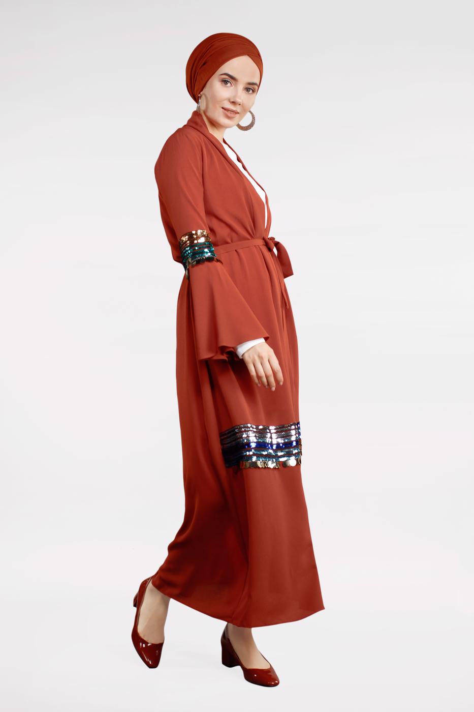 Tesettür giyim KAHVE RENKLİ PUL PAYETLİ GİY ÇIK 0853