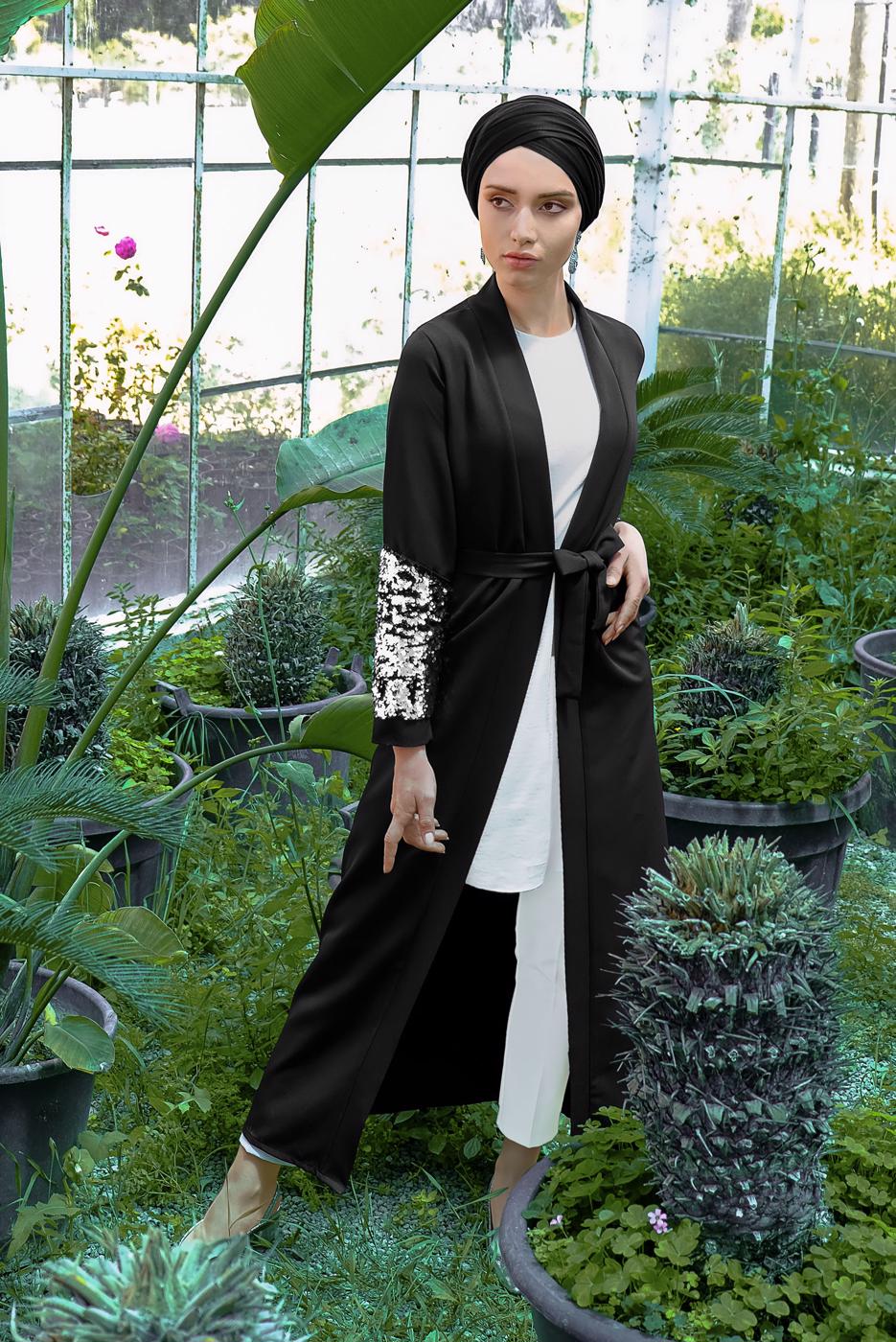 Tesettür giyim SİYAH KOLU PUL PAYETLİ KUŞAKLI CEKET 4033