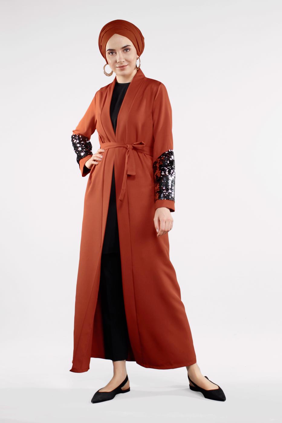 Tesettür giyim KAHVE KOLU PUL PAYETLİ KUŞAKLI CEKET 4033
