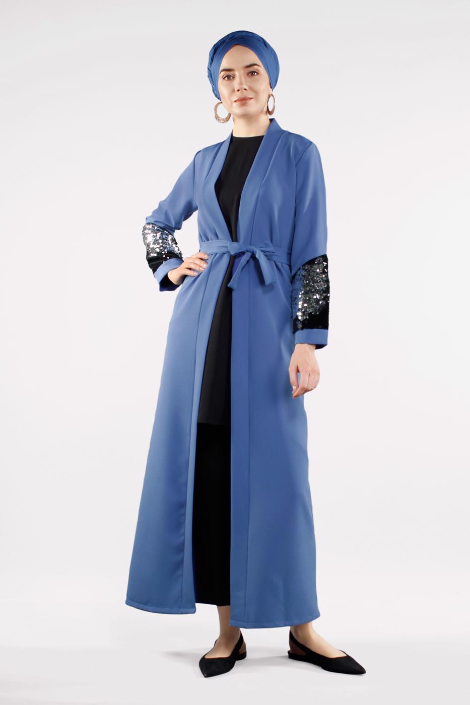 Tesettür giyim LACİVERT KOLU PUL PAYETLİ KUŞAKLI CEKET 4033