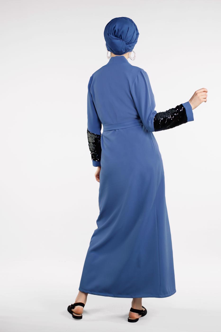 Tesettür giyim LACİVERT KOLU PUL PAYETLİ KUŞAKLI CEKET 4033