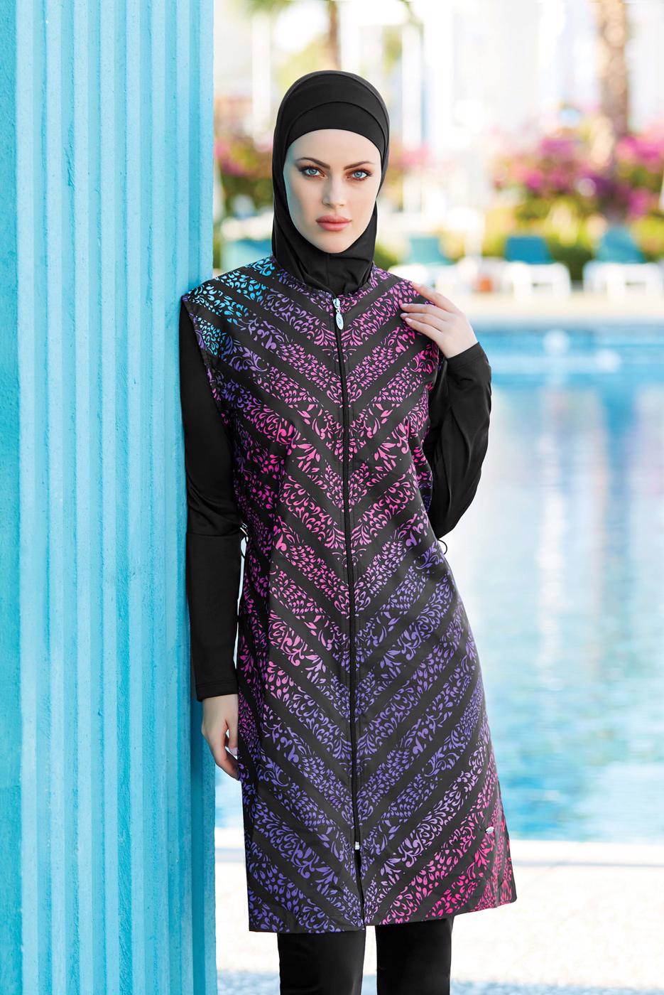 Tesettür giyim SİYAH BASKILI FERMUAR DETAYLI MAYO 2053