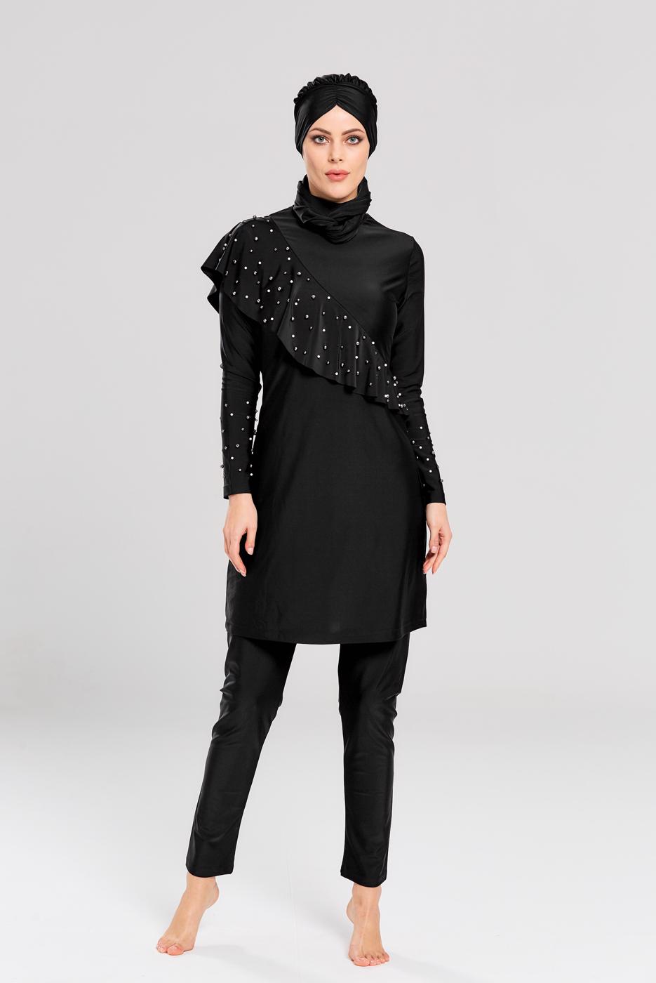 Tesettür giyim SİYAH FIRFIR DETAYLI BONCUKLU MAYO 4101