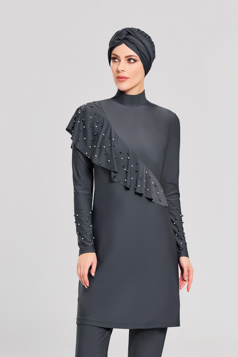 Tesettür giyim GRİ FIRFIR DETAYLI BONCUKLU MAYO 4101