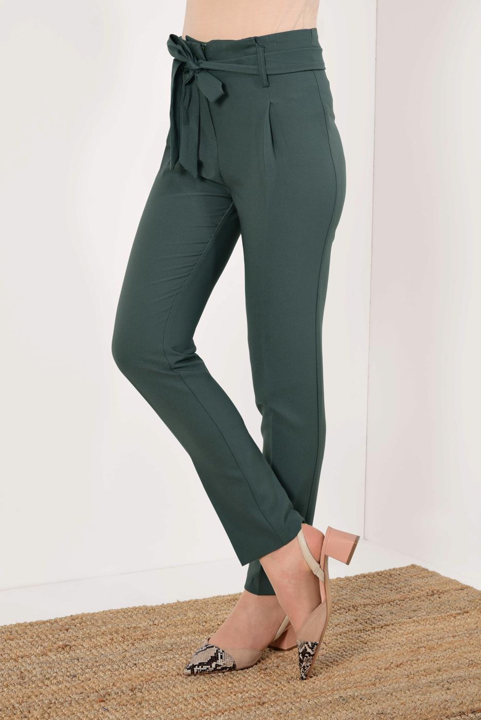 Tesettür giyim HAKİ YÜKSEK BEL  KEMERLİ PANTOLON T 50681 