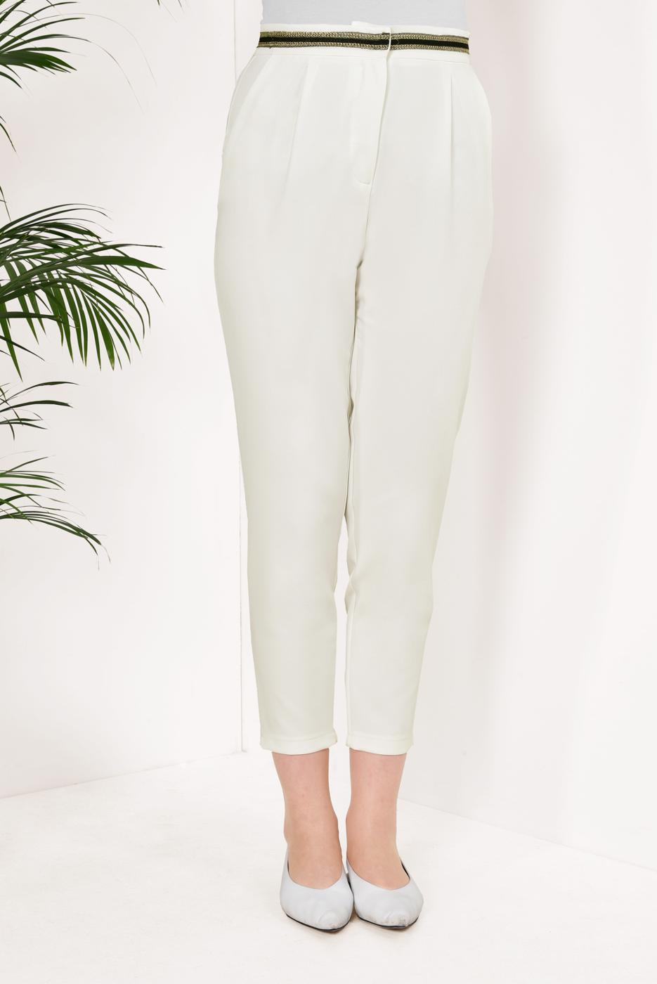Vêtements hijab ÉCRU T 0005 STN-YÜKSEK BEL ŞERİT DETAYLI PANTOLON